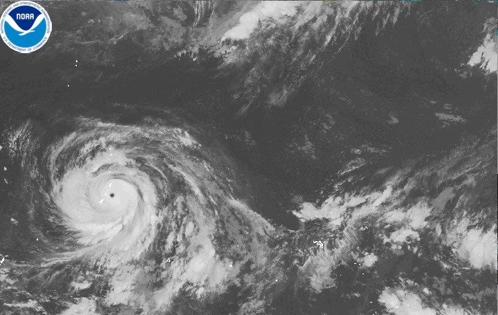 This satellite image released by NOAA shows Typhoon Bavi developing in the western Pacific region near Guam (AP)