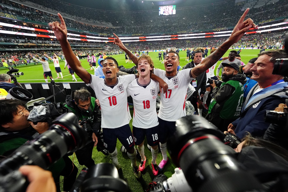 England’s Jude Bellingham (left), Anthony Gordon and Morgan Rogers (right) celebrate (Nick Potts/PA)