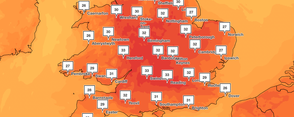 Temperatures are expected to peak reach up to 34C in some parts of the country (Met Office)
