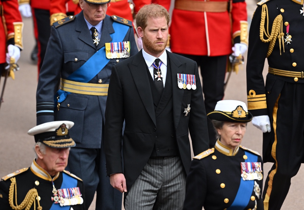 The King, the Duke of Sussex and the Princess Royal, on the day of the late Queen’s funeral (Leon Neal/PA) (PA Archive)