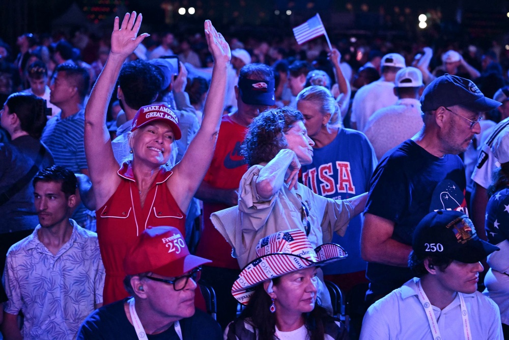 After a stormy forecast, crowds assembled on the National Mall were forced to take shelter ahead of Trump’s speech on July 4 due to storms (AFP via Getty Images)