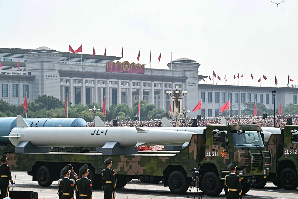 The JL-1 first generation nuclear submarine-launched ballistic missile is seen during a military parade (AFP/Getty)