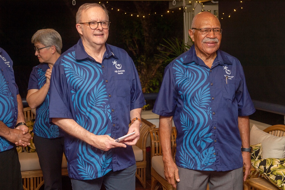 Anthony Albanese with Fiji's prime minister Sitiveni Rabuka, right, at the Australian high commissioner’s residence in Suva on 6 July 2026 (AFP/Getty)