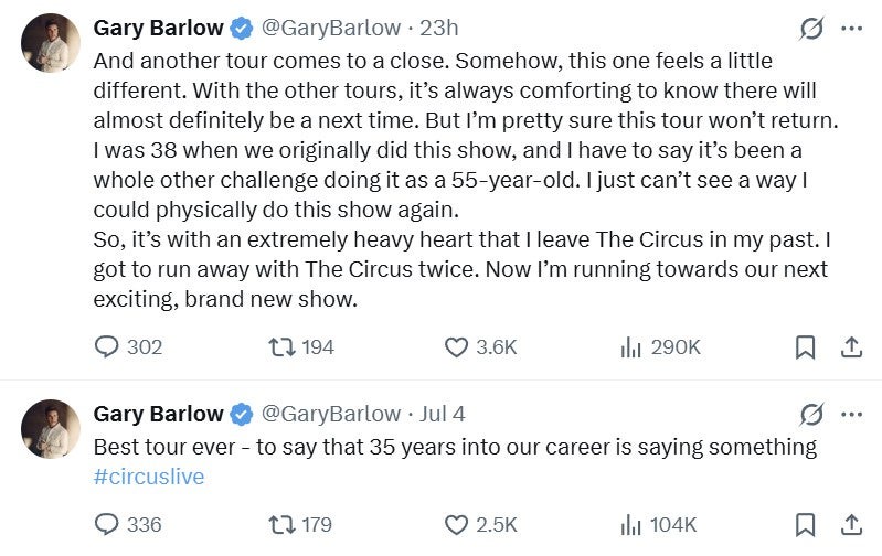 Barlow announced on X that he is done touring Take That’s Circus Live (@GaryBarlow/X)