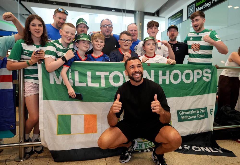 Cape Verde footballer Pico Lopes poses for a photo with Shamrock Rovers fans (Niall Carson/PA) (PA Wire)