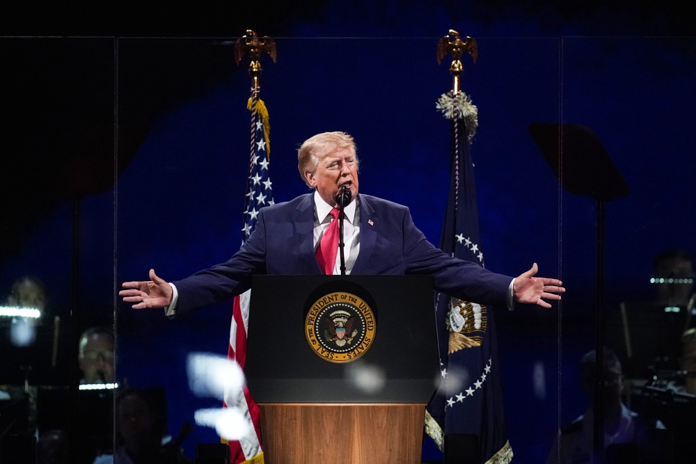 President Donald Trump ultimately took the stage around 11 pm, delivering a 40-minute campaign-style address, where he railed against communism and promoted the SAVE America Act (Getty Images)