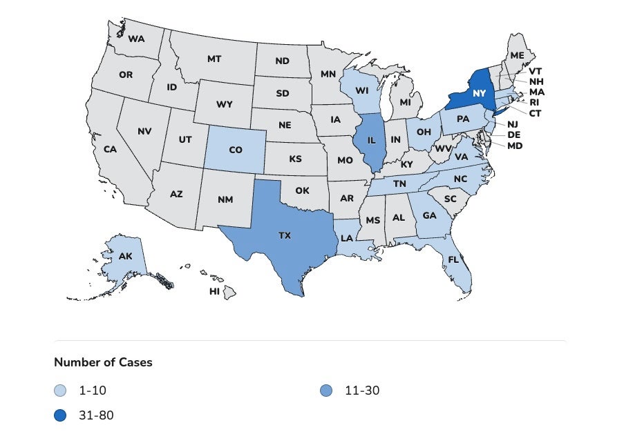 This map from the U.S. Centers for Disease Control and Prevention shows cases of cyclosporiasis in the U.S. as of May 1, 2026. ‘Cyclosporiasis cases may not be limited to these states with known cases. The true number of people sick with cyclosporiasis was likely higher than the number reported,’ the agency says. (CDC)