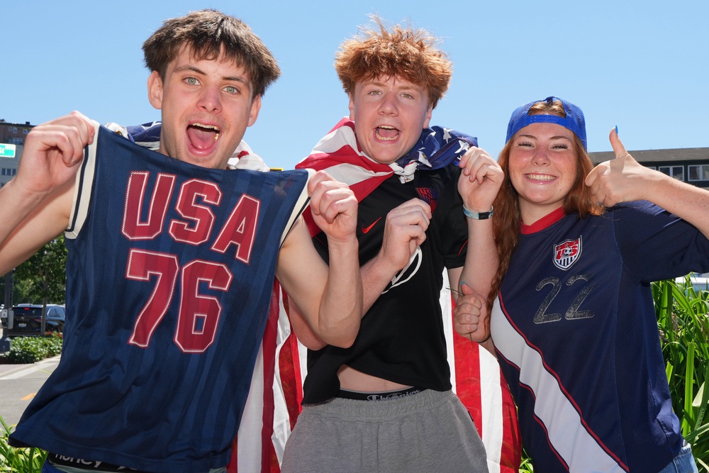 United States soccer fans pose before the World Cup round of 16 tie in Seattle (AP)