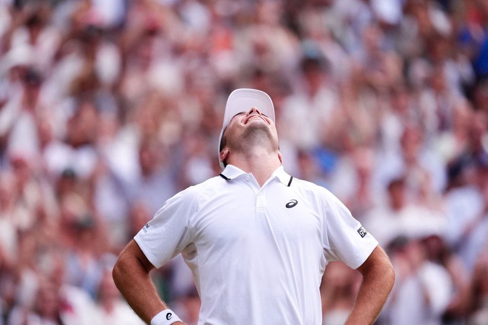 Arthur Fery celebrates victory over Grigor Dimitrov (Mike Egerton/PA) (PA Wire)