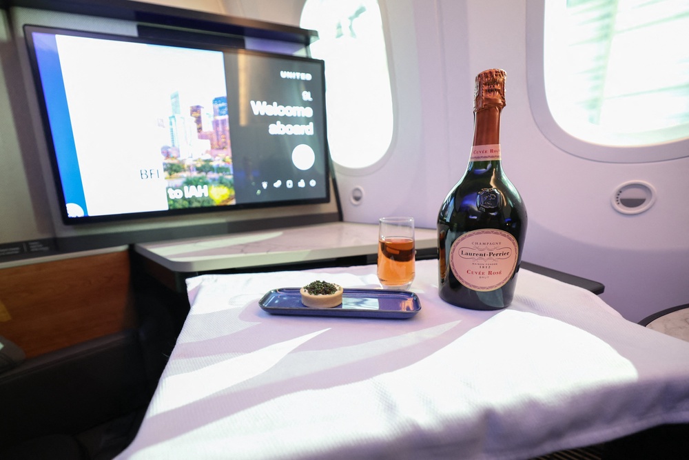 A bottle of Laurent-Perrier Cuvee Rose offered in Polaris business class of a United Airlines Boeing 787-9 Dreamliner aircraft (AFP/Getty)