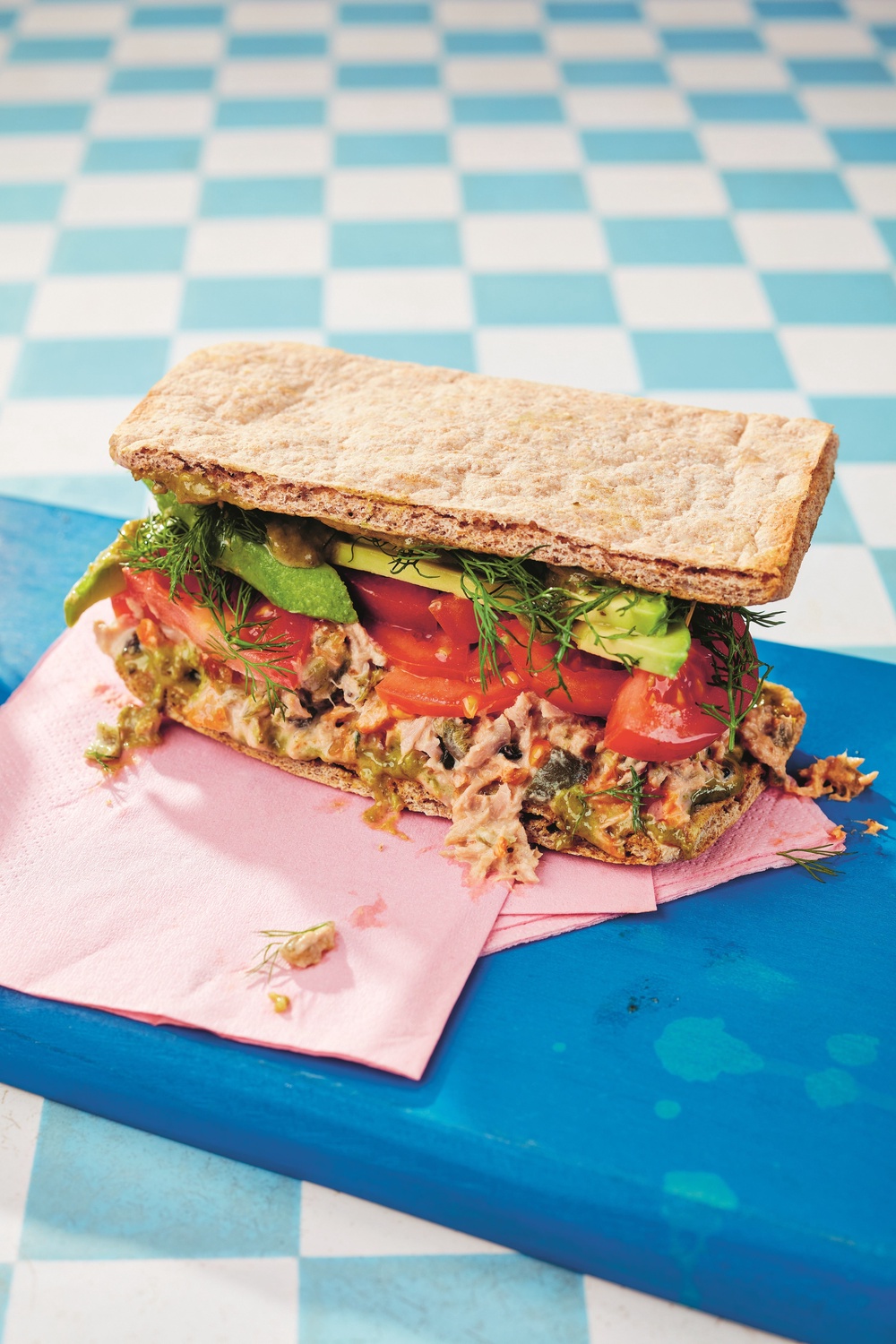 A homemade take on the cult airport sandwich, with tuna, pesto, avocado and a little jalapeno heat (Dan Jones)