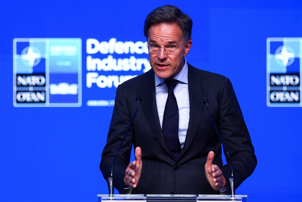 Nato secretary general Mark Rutte delivers the keynote speech at the Nato Summit Defence Industry Forum, on the sidelines of the Nato leaders' Summit, in Ankara, Turkey, July 7, 2026 (Reuters)
