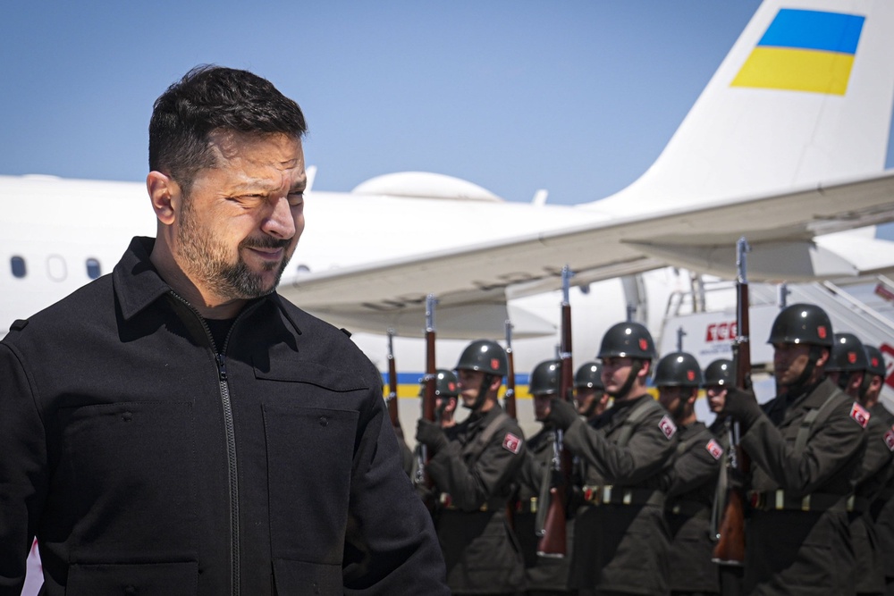 Ukraine's President Volodymyr Zelenskyy, left, arrives for the NATO Summit in Ankara, Turkey, Tuesday, July 7, 2026. (AP)