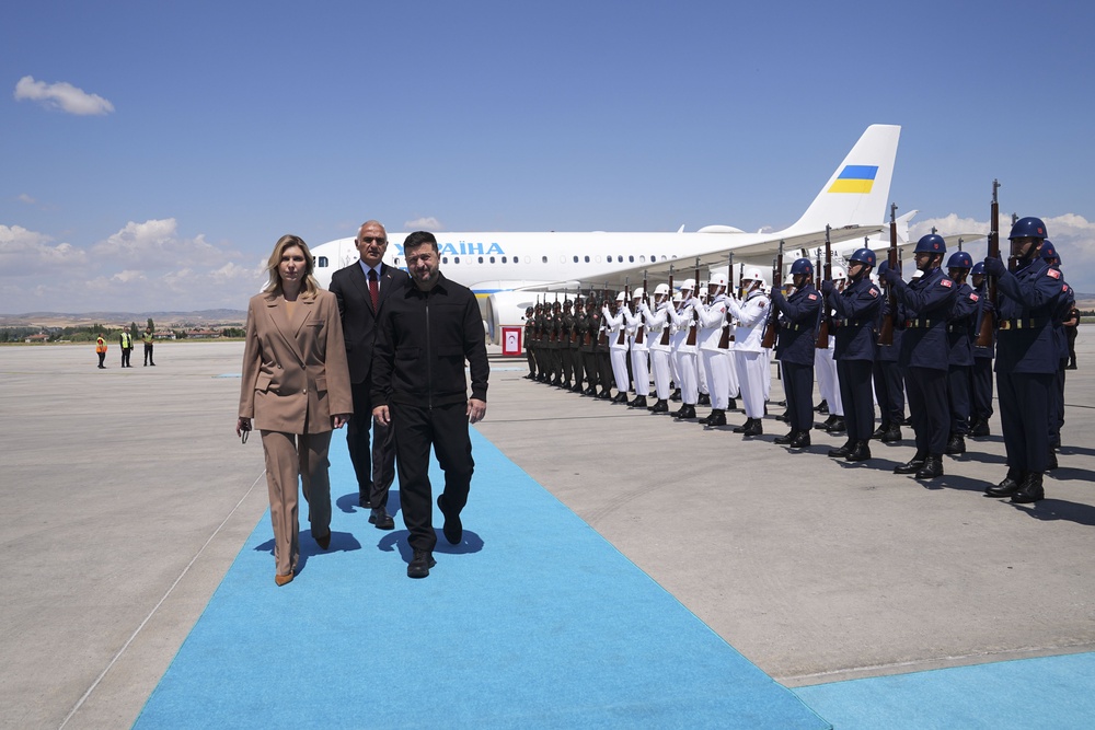 Ukraine's President Volodymyr Zelenskyy, center right, arrives for the NATO Summit in Ankara, Turkey, Tuesday, July 7, 2026. (AP)