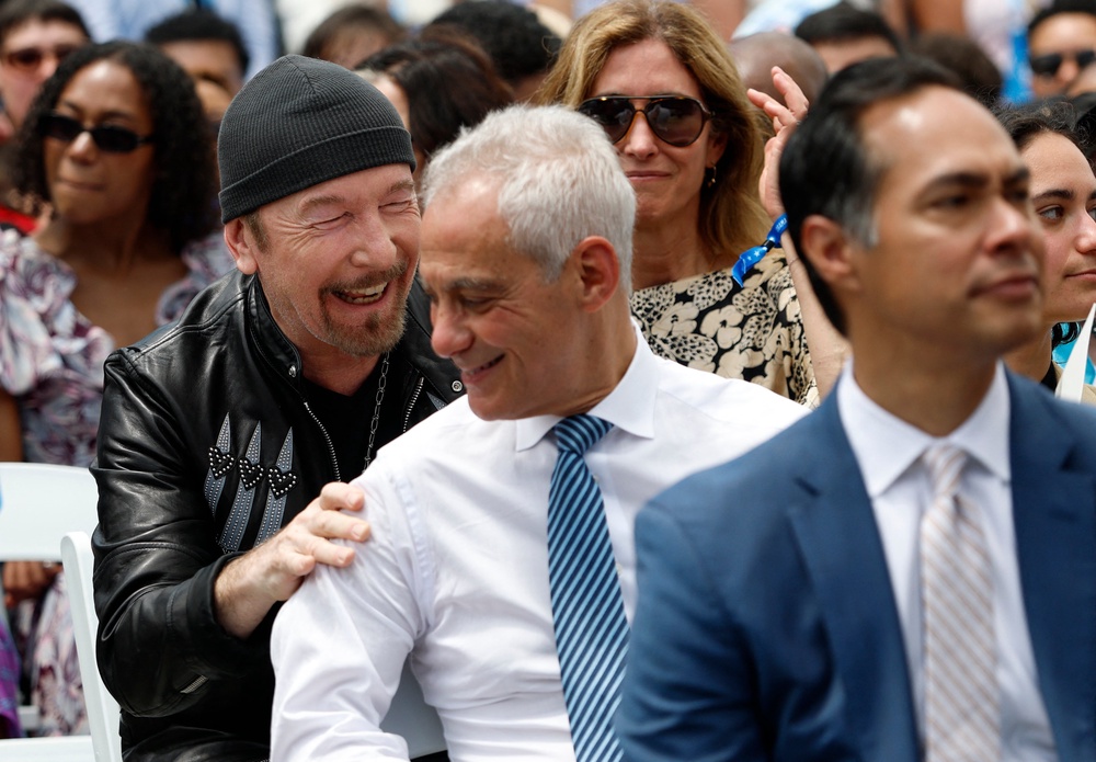Irish musician The Edge (L) and Former White House Chief of Staff Rahm Emanuel attend opening day of the Barack Obama Presidential Center (AFP/Getty)