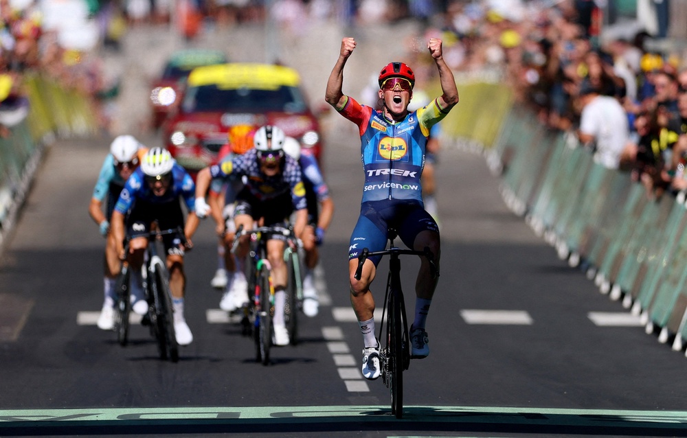Mads Pedersen sprinted to victory as part of the stage four breakaway (Reuters)