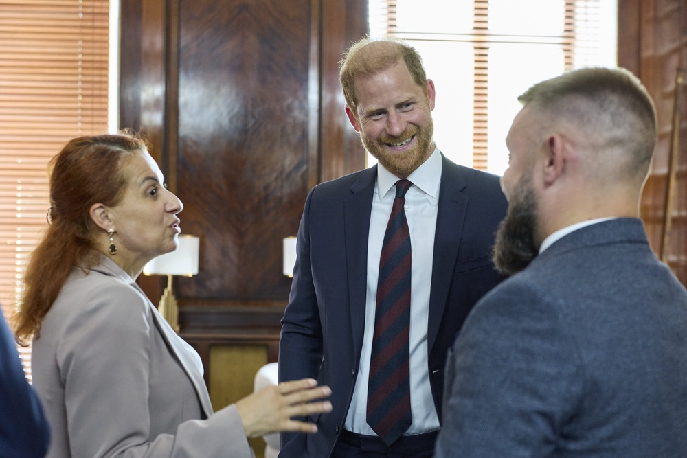 The Duke of Sussex (centre) talks with Natalia Kalmykova, minister of veterans affairs of Ukraine, and Ruslan Tsalikov, deputy minister of defence of Ukraine (David Leveine/Invictus Games Foundation/PA) (PA Wire)