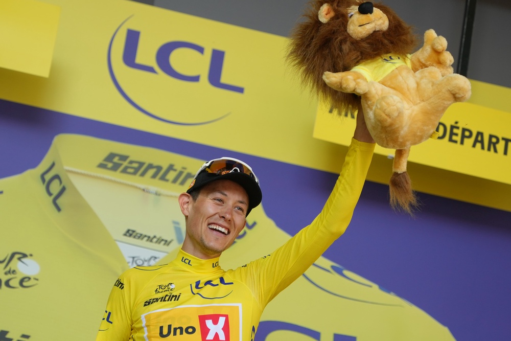 But Traeen celebrated taking the race lead (AP)