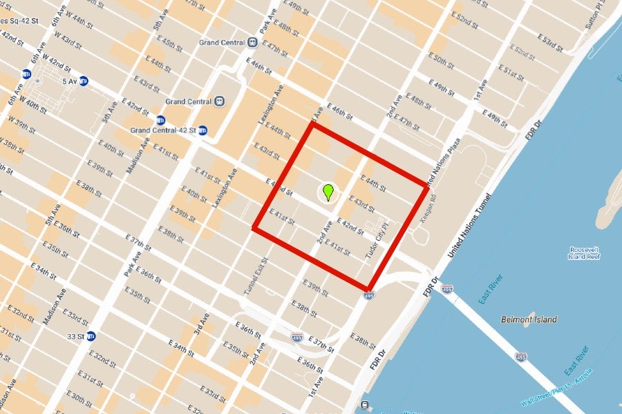 New York City officials created a zone where pedestrians and vehicles were banned. The zone ran between First and Third avenues and 45th Street and East 40th Street. The building's location is marked with a green dot (Google maps)
