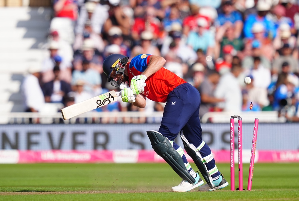 England’s Jos Buttler is bowled by India’s Prince Yadav (David Davies/PA) (PA Wire)