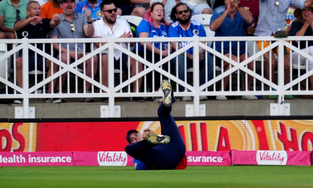 Jacob Bethell’s boundary catch accounted for Shreyas Iyer (David Davies/PA) (PA Wire)