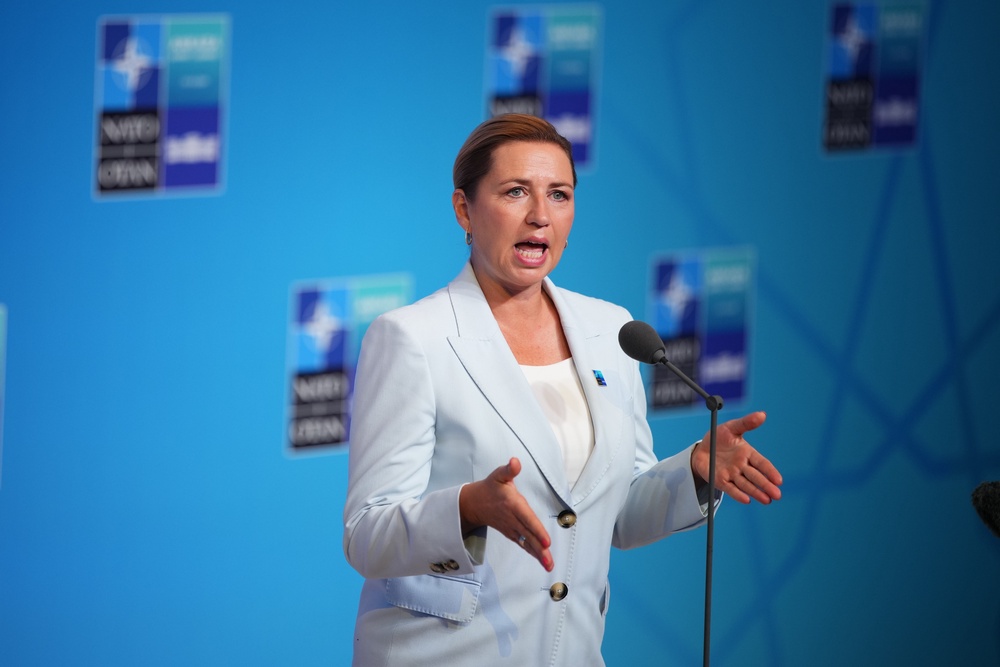 Denmark’s prime minister Mette Frederiksen speaks as she arrives for the Nato summit in Ankara, Turkey, on Wednesday (AP)