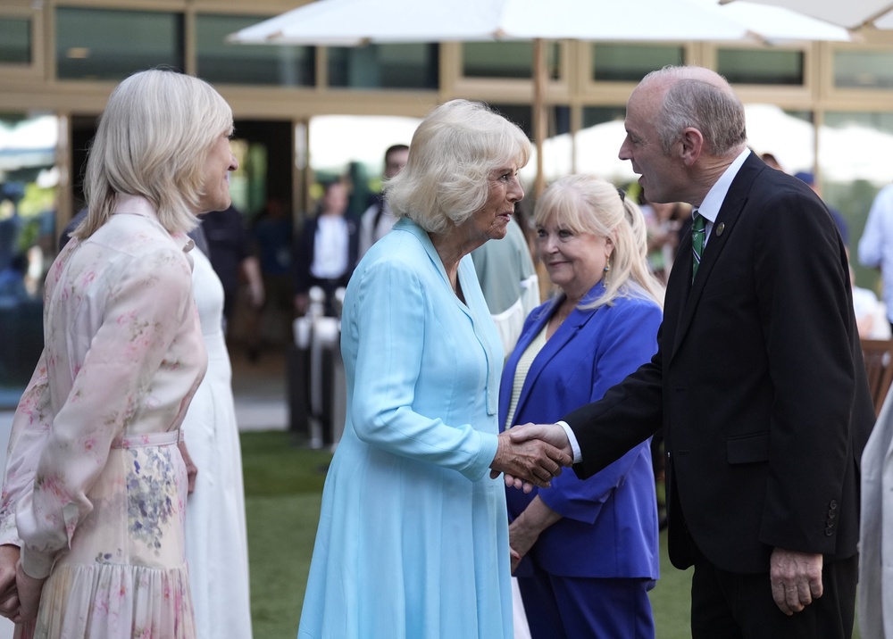 Camilla and AELTC chair Deborah Jevans met safety officer Pete Dobson, who has worked at Wimbledon for over 25 years and will retire at the end of this tournament (Andrew Matthews/PA) (PA Wire)
