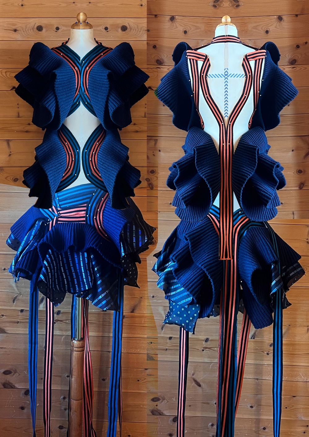 Drape and stand work inspired by Norwegian and Scottish garments research from Interweaving Threads Project: Garment development on the stand with deadstock fishermans rib, knitted panels and cotton printed fabrics. (Owen Edward Snaith)