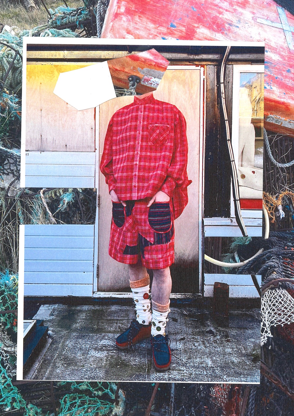 Look from Things You Find Upon The Shore; Drape fishwife shirt in silk and linen blend tartan with contrast stripe and tartan applique fisherman shorts (available at Lighthouse Soho). Photograph and collage Owen Edward Snaith (Owen Edward Snaith)