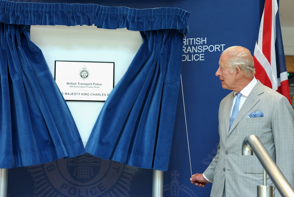 The King unveiling a plaque during the official opening of the headquarters of the British Transport Police (Shane Anthony Sinclair/PA) (PA Wire)