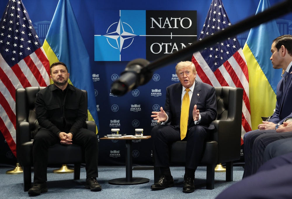 U.S. President Donald Trump (R) meets with Volodymyr Zelenskyy, President of Ukraine (L) for bilateral talks at Beştepe Presidential Compound during the NATO Summit on July 08, 2026 in Ankara, Turkey. Leaders from NATO's 32 countries, plus NATO allies like Ukraine, gathered in the Turkish capital to discuss a range of issues involving spending targets, defence industrial production, and support for Ukraine, among other topics. (Getty)