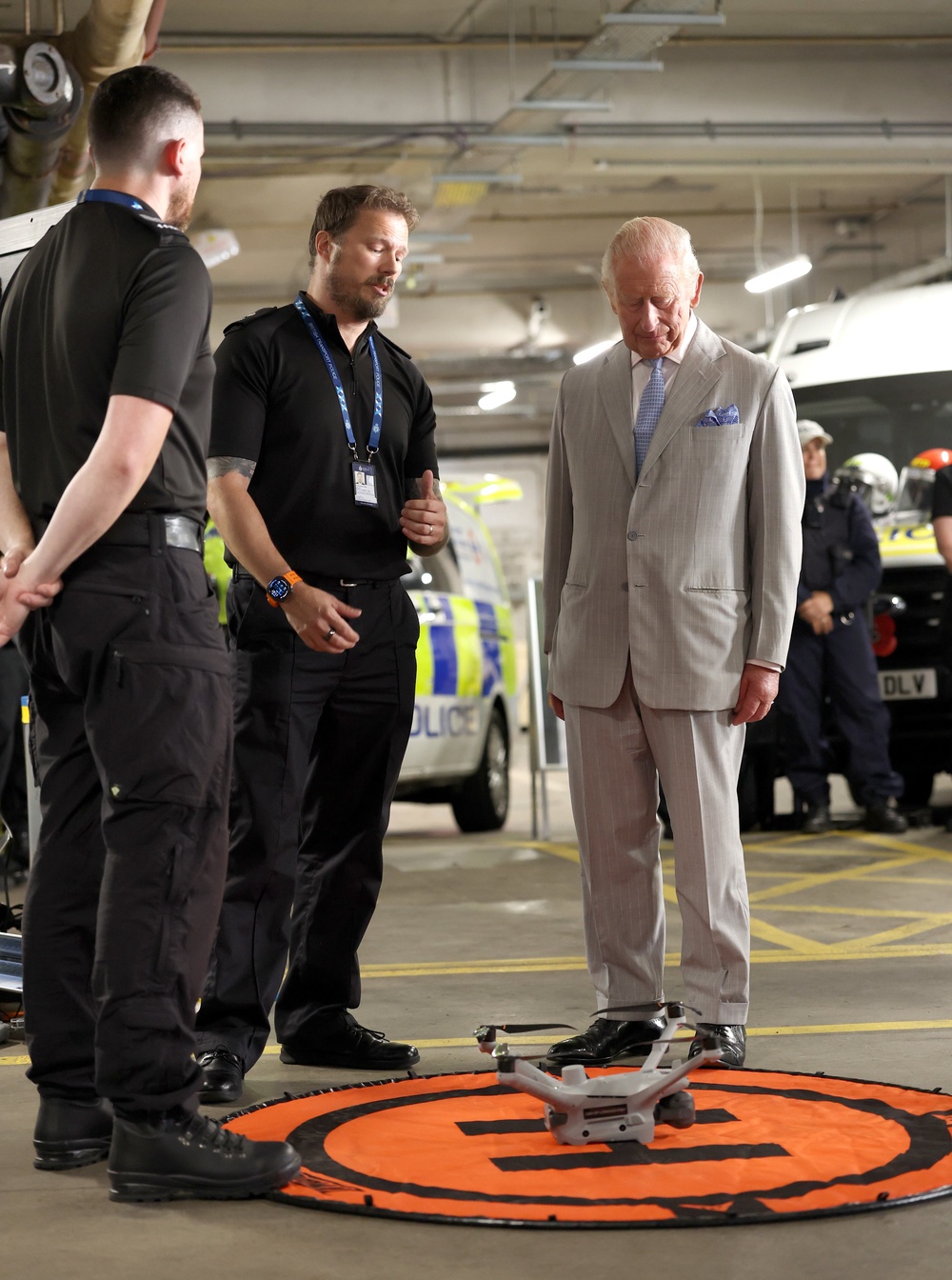 The King speaks with specialist officers from the drone team as he officially opens the headquarters of the British Transport Police in central London (Shane Anthony Sinclair/PA) (PA Wire)