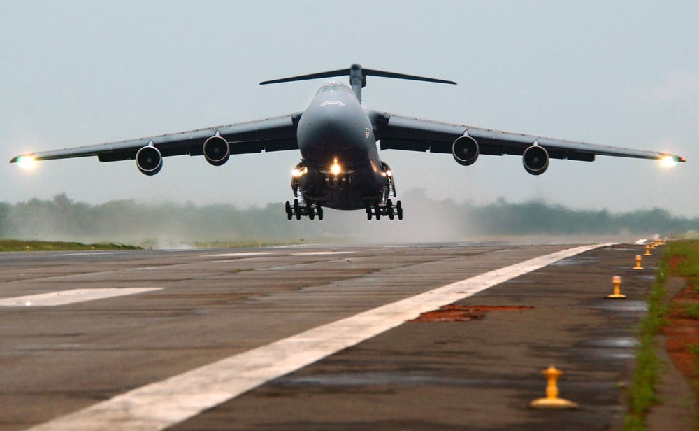 The C-5M Super Galaxy is equipped with four engines, 28 wheels and five sets of landing gear (USAF)