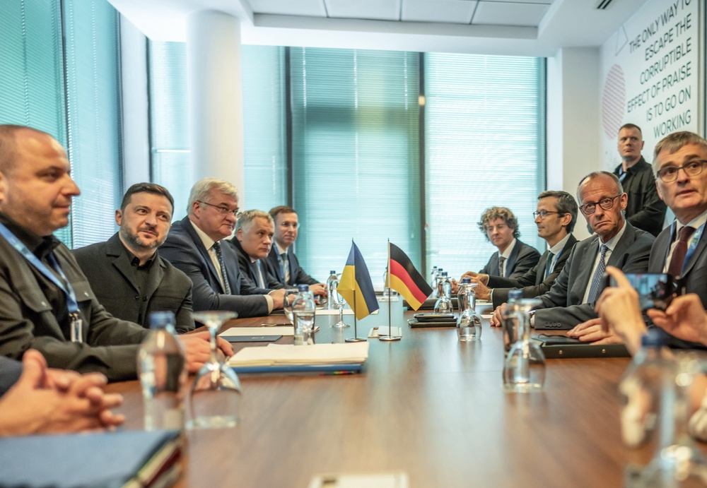 German Chancellor Friedrich Merz (2R) meets with Ukraine's President Volodymyr Zelensky (2L) during a bilateral meeting during the 36th NATO Heads of State and Government Summit in Ankara, on July 7, 2026. (AFP/Getty)