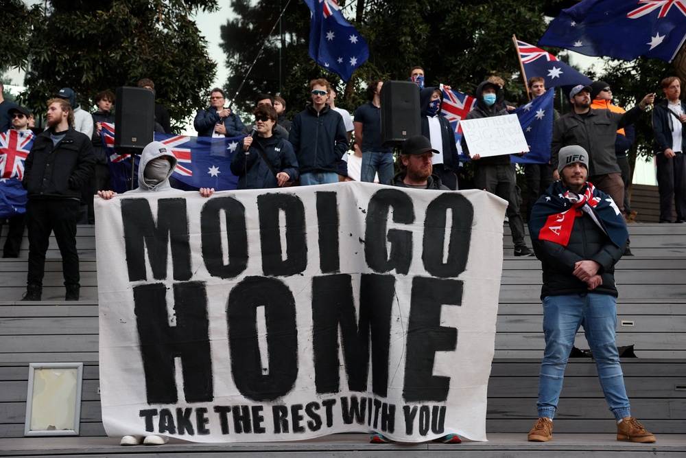 Protesters protest against Narendra Modi outside Marvel Stadium in Melbourne on 9 July 2026 (Reuters)