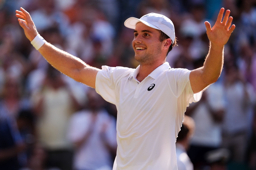 Wildcard: Arthur Fery celebrates his victory over Flavio Cobolli to reach Wimbledon semi-finals before going out (PA)