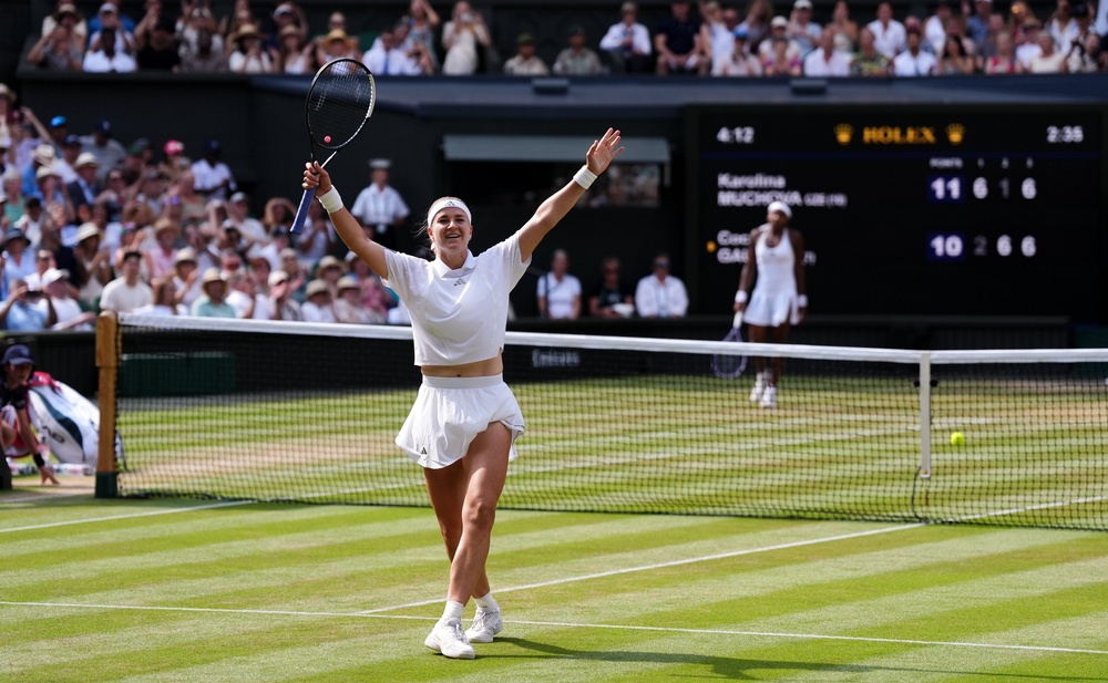 Muchova celebrates reaching her first Wimbledon final, where she will play Linda Noskova in an all-Czech final (PA)