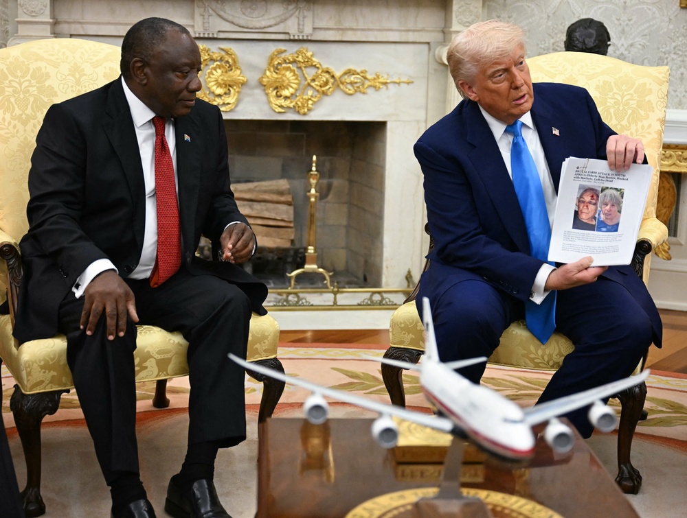 During an Oval Office sit-down with South Africa President Cyril Ramaphosa last year, Trump showed off what he said was evidence that white South Africans were being targeted (AFP via Getty Images)