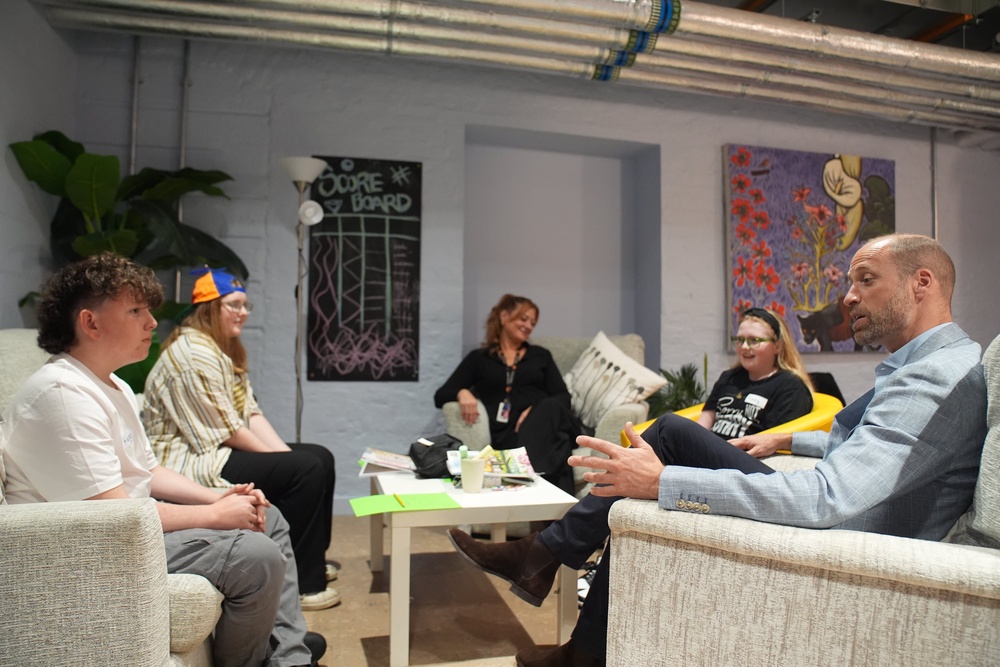 William meets young people and volunteers in the Common Room at Eagle House, which functions as a ‘Public Living Room’ (Gareth Fuller/PA) (PA Wire)