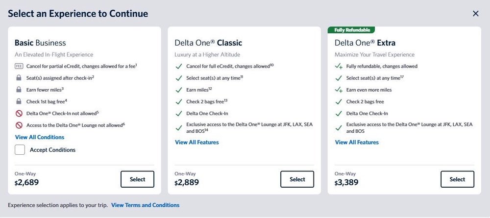 Delta First Basic is available now, while Premium Select Basic and Basic Business are open for booking but won’t begin flying until September (Delta)