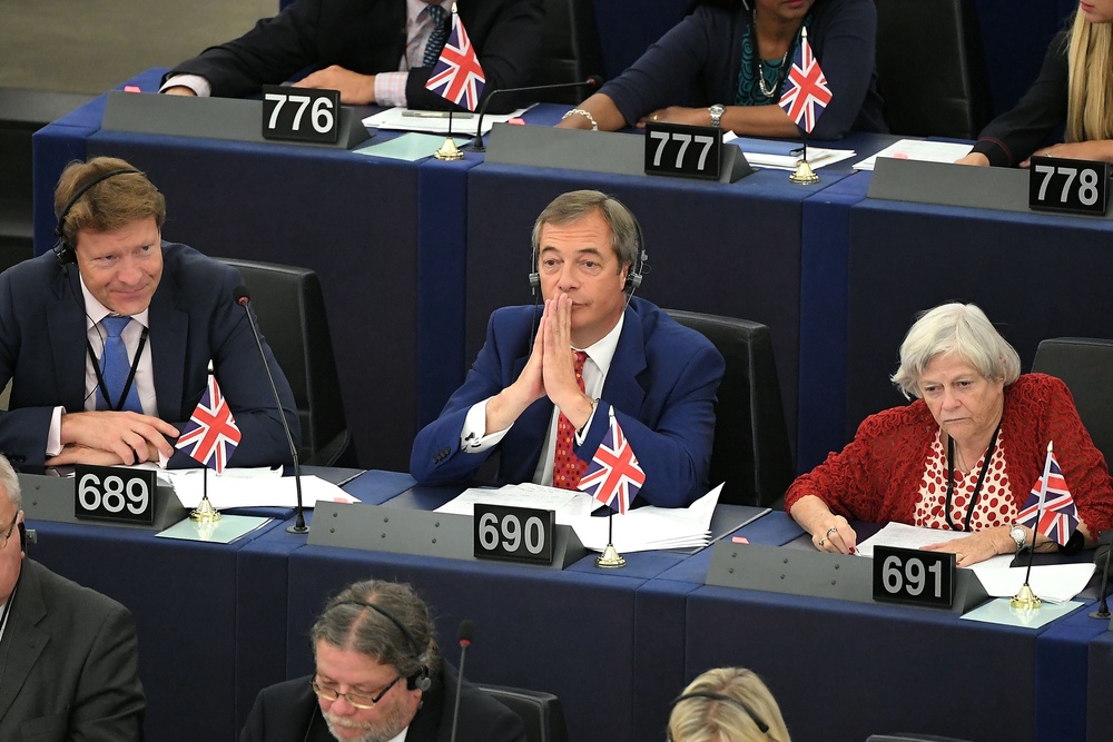 Richard Tice (left), Nigel Farage and Ann Widdecombe, from the Brexit Party, during a session at the European Parliament in Strasbourg in 2019 (AFP/Getty)
