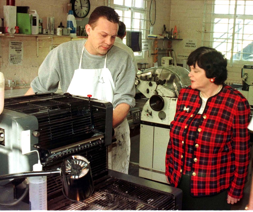 Then prisons minister Ann Widdecombe meets an inmate during her 129th and final prison visit at Spring Hill open prison (Archive/PA) (PA Archive)