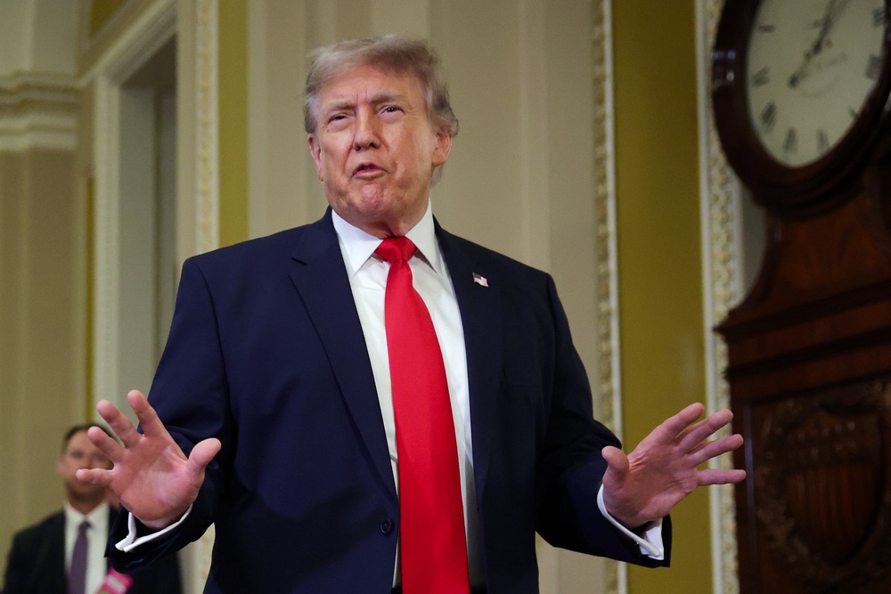 President Donald Trump went to U.S. Capitol on June 24 for a tense closed-door luncheon with the Republican Senate Steering Committee to push his SAVE America Act, which would impose strict voter ID and proof-of-citizenship requirements in federal elections. (Getty)