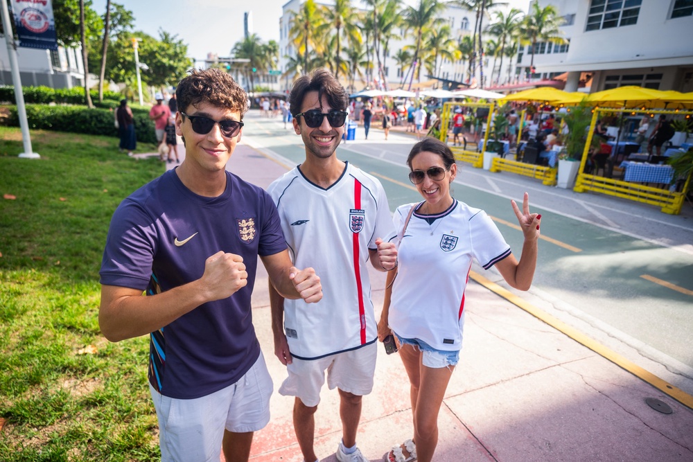 (Left to right) Dylan Kayek, 22, Josh Taylor, 22, and Ruth Kayek, 48, plan on going to the final should England make it there (James Manning/PA) (PA Wire)