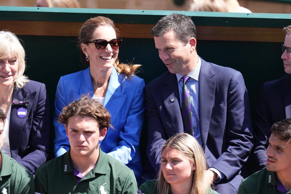 The Princess of Wales watching the action on Court 18 between Arthur Fery of Great Britain and Otto Virtanen of Finland with former British number one Tim Henman (Mike Egerton/PA) (PA Wire)