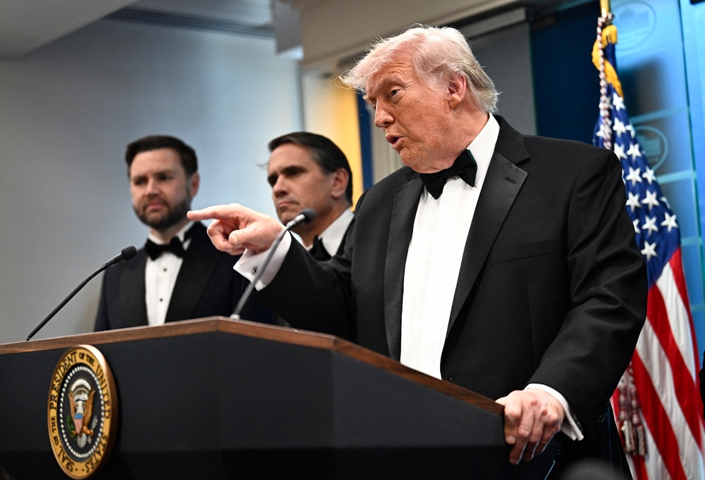 The 80-year-old president said he flew out of Turkey on the older aircraft for 'old time's sake.' Pictured: the president speaks to reporters in the White House briefing room following the shooting at the White House Correspondents' Dinner in April (AFP via Getty Images)
