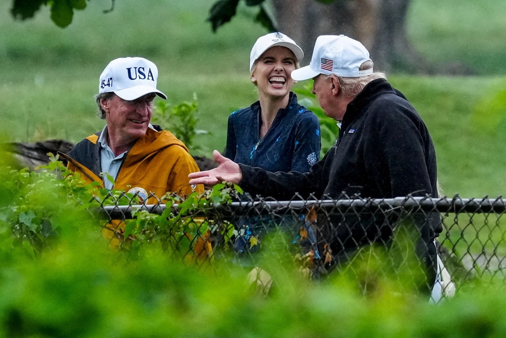 The former far-right TV host caught the president’s attention in 2019. She joined his staff three years later. Pictured: Harp, Trump and Interior Secretary Doug Burgum visit at a golf course at Hains Point in Washington, DC on June 28 (Reuters)