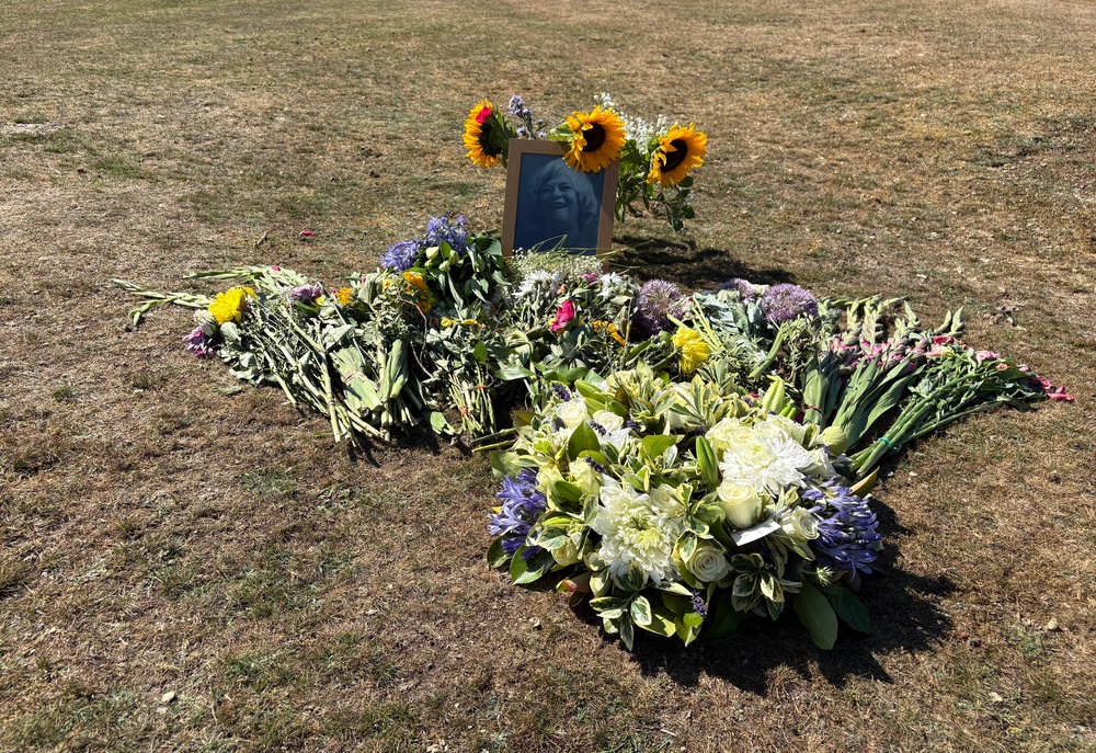 Floral tributes including a wreath laid by Reform UK leader Nigel Farage near to the home of Ann Widdecombe in Haytor in Dartmoor (PA)