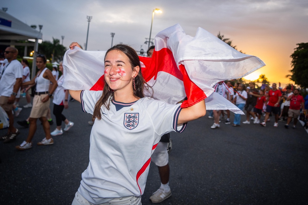 England fans celebrated outside Miami Stadium after England’s win (James Manning/PA) (PA Wire)