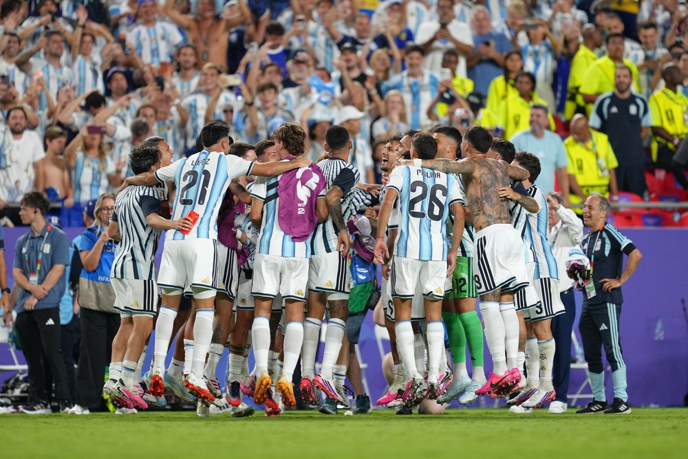 Argentina players celebrate after winning their World Cup quarter-final (AP)